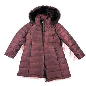 Calvin Klein Down-Filled Coat XL Red, Faux Fur Lined Removable Hood